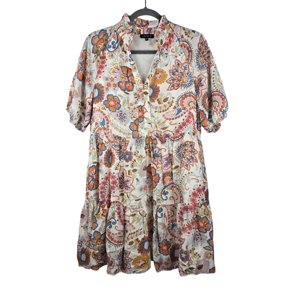 1.STATE Paisley Tiered Mini Dress Women Medium Floral Cottagecore Boho Peasant